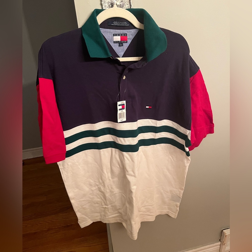 Tommy Hilfiger Men's Navy, Red, and White Polo Shirt